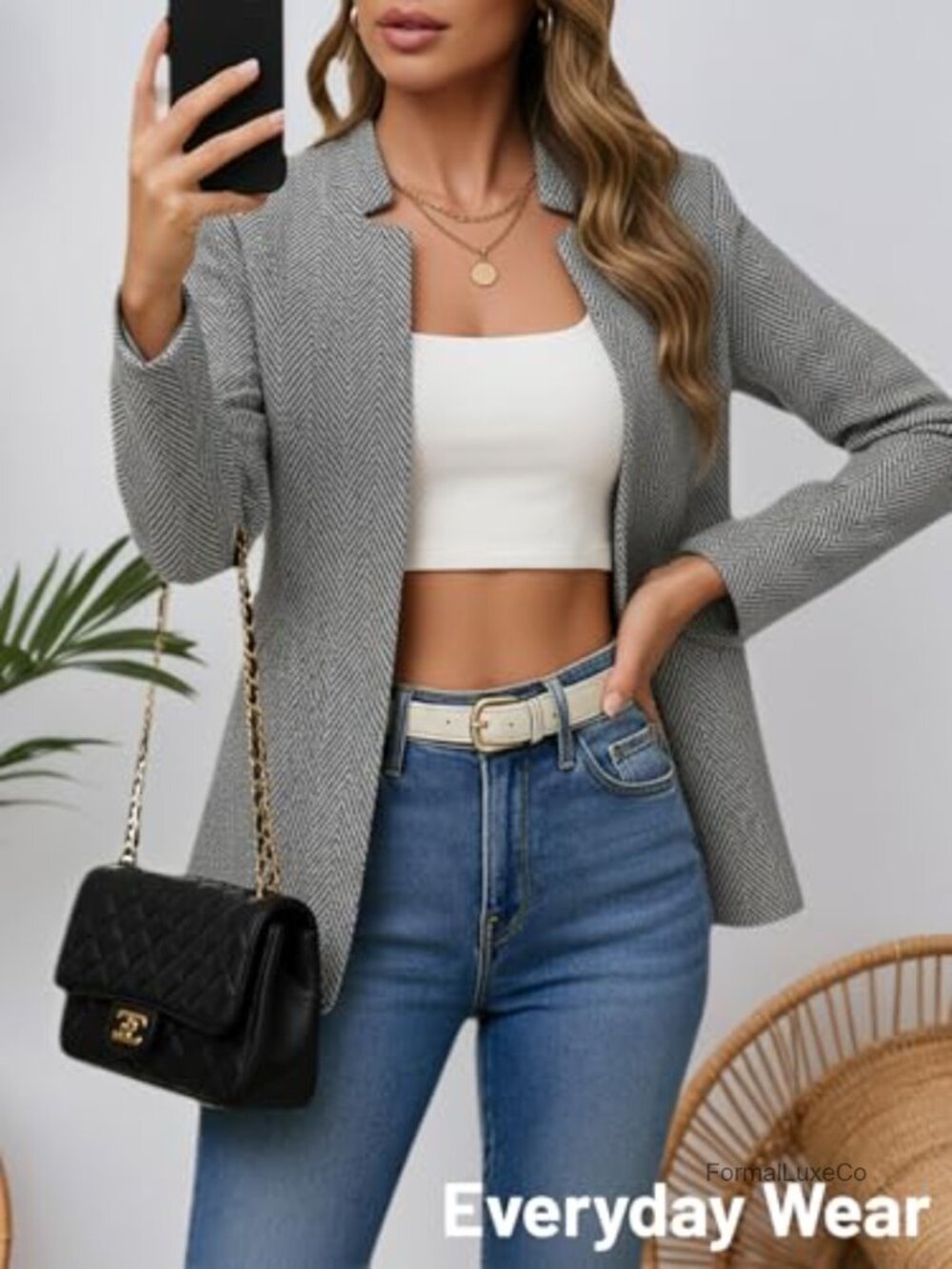 Women's Herringbone Tweed Blazer Jacket - Plaid Open Front Notch Collar - Picture 4 of 6